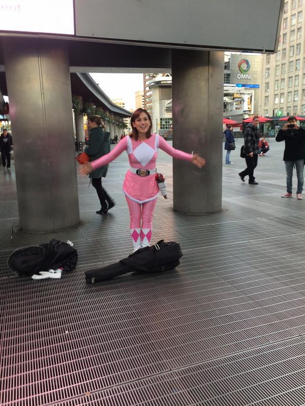 Pink Ranger and Batman Busking in Toronto