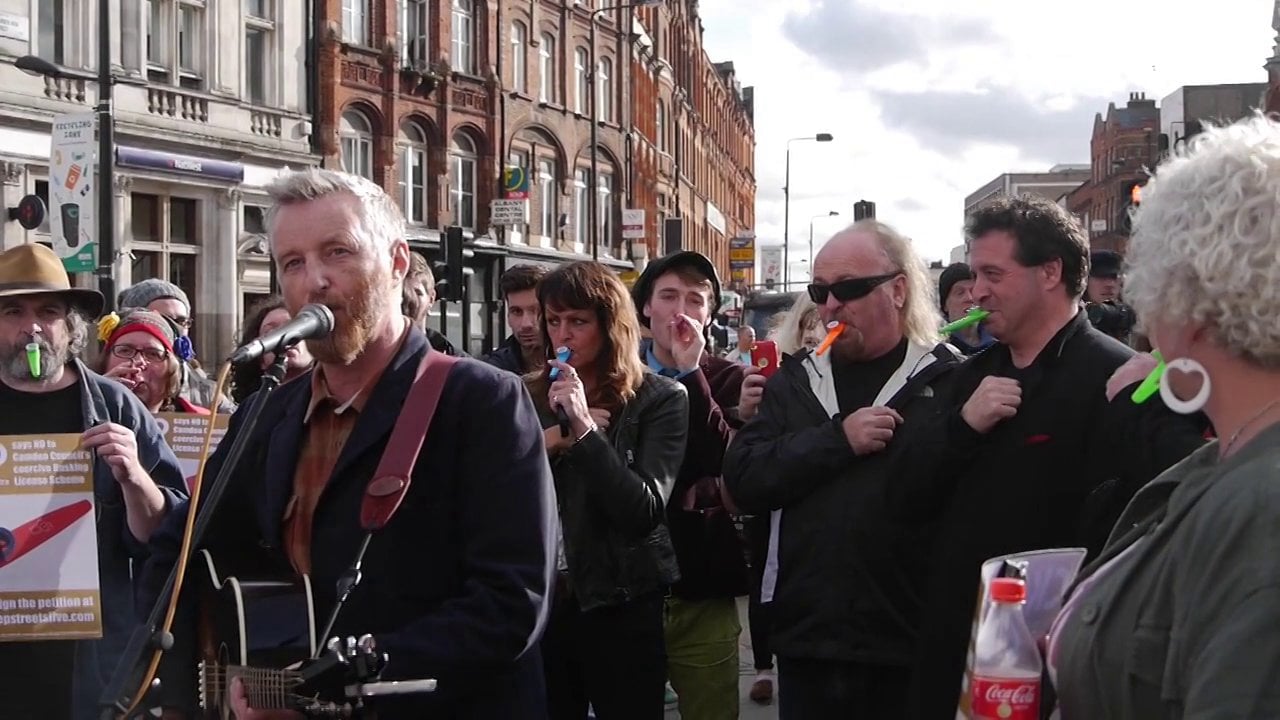 Billy Bragg, Bill Bailey and Mark Thomas protesting the proposed license by Camden Council